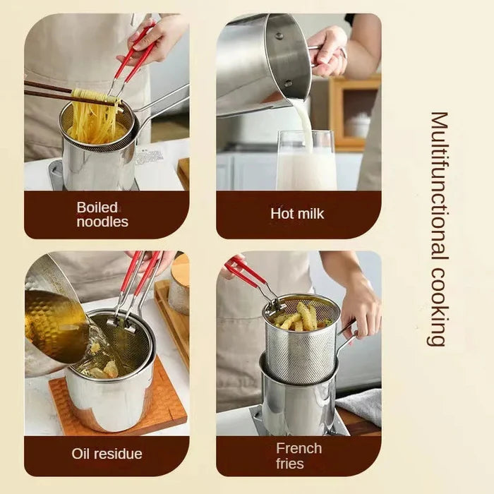 Stainless Steel Deep Fryer Pot with Strainer – 1200ml Heavy-Duty Oil Frying Pan for Home & Kitchen