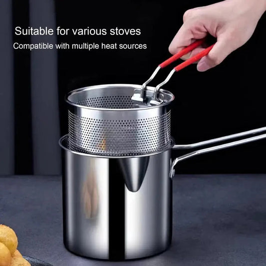 Stainless Steel Deep Fryer Pot with Strainer – 1200ml Heavy-Duty Oil Frying Pan for Home & Kitchen
