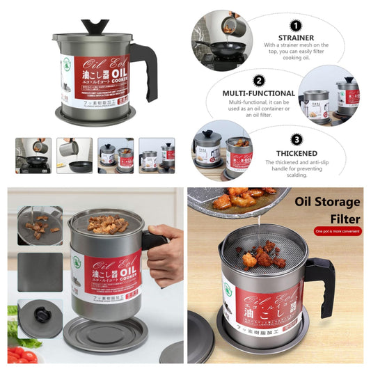 Fryer Oil Filter Pot – 1.4L Carbon Steel Oil Can with Stainless Steel Strainer & Storage Jug