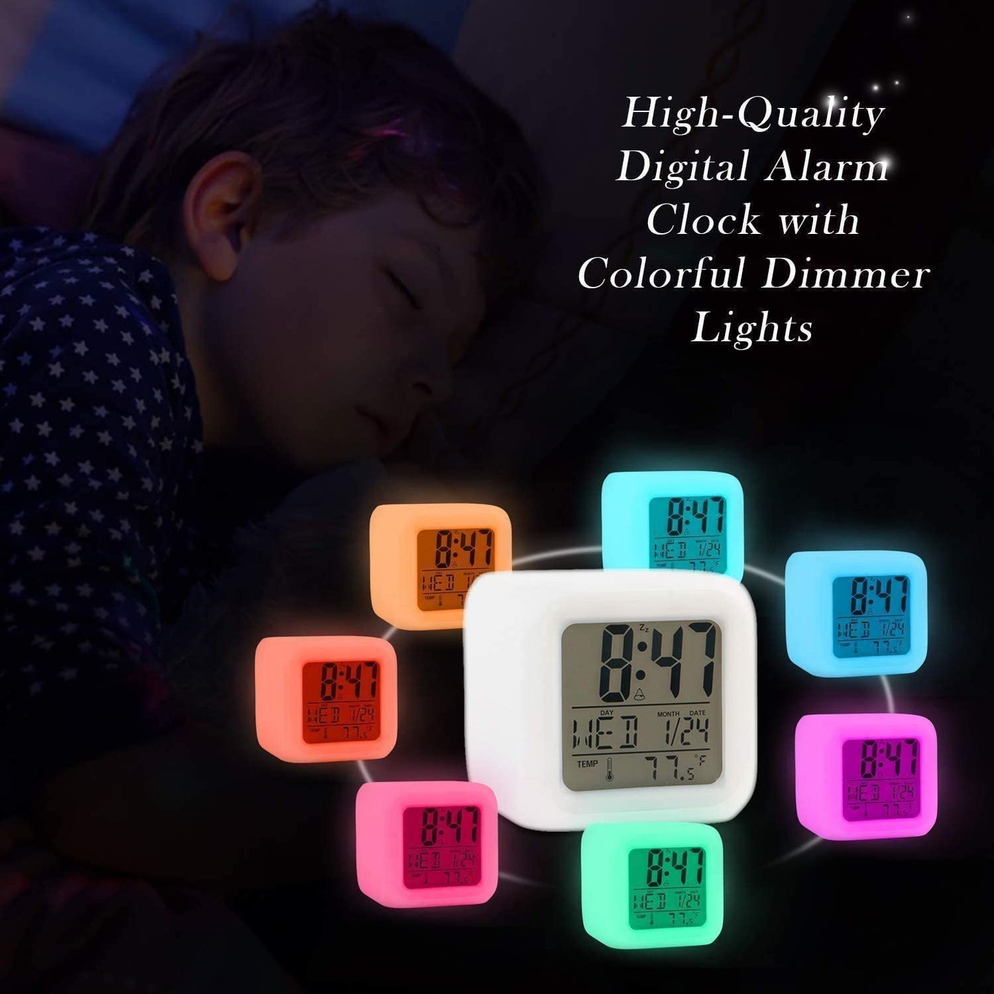 LED Digital Alarm Clock – 7-Color Changing Night Light for Kids & Desk