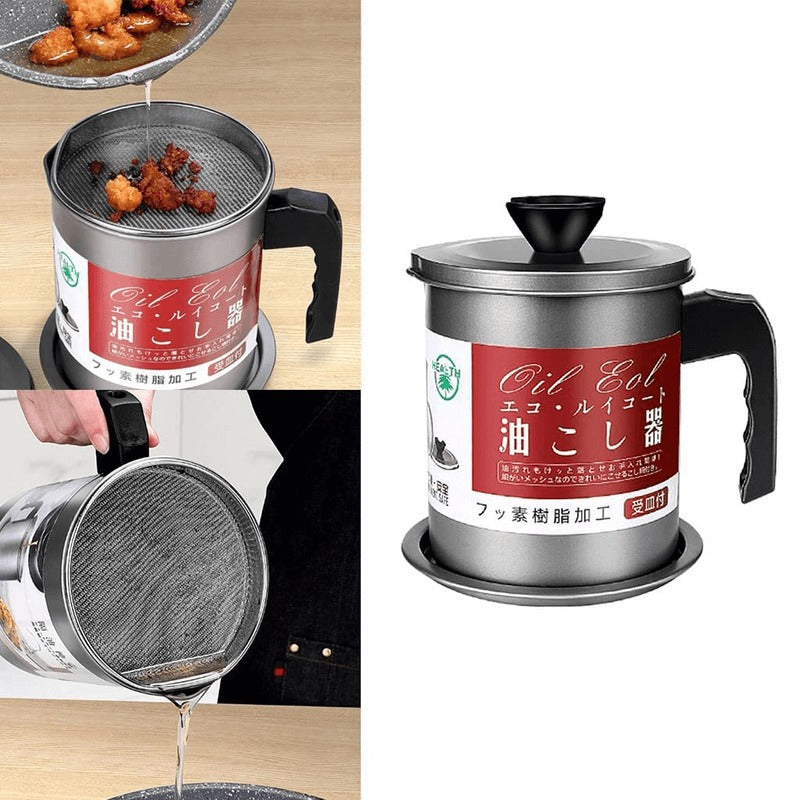 Fryer Oil Filter Pot – 1.4L Carbon Steel Oil Can with Stainless Steel Strainer & Storage Jug