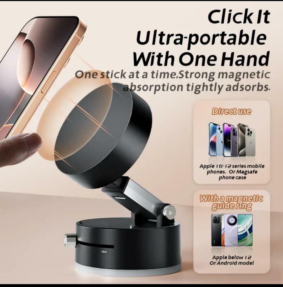 Magnetic Vacuum Phone Holder – 360° Swivel, Double-Sided Strong Suction Stand