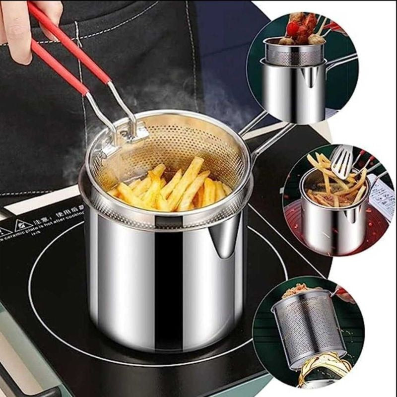 Stainless Steel Deep Fryer Pot with Strainer – 1200ml Heavy-Duty Oil Frying Pan for Home & Kitchen