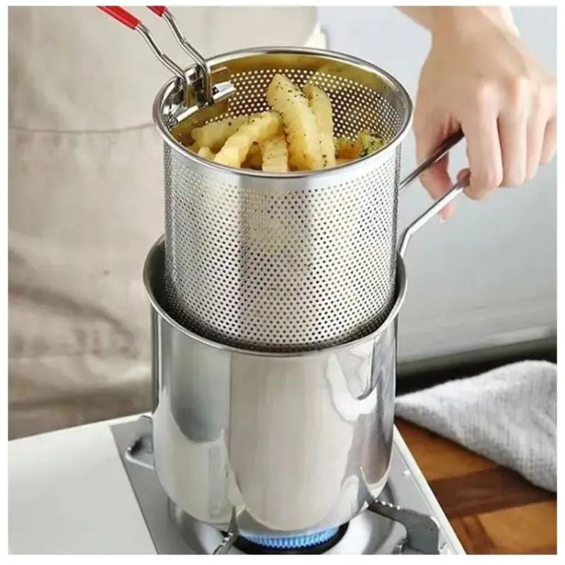 Stainless Steel Deep Fryer Pot with Strainer – 1200ml Heavy-Duty Oil Frying Pan for Home & Kitchen