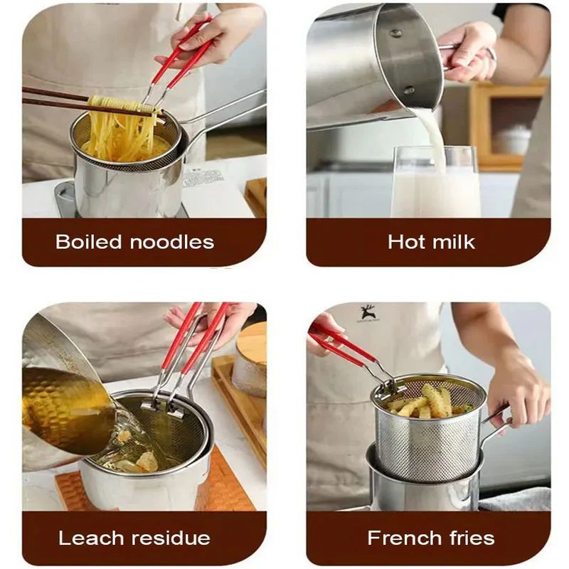 Stainless Steel Deep Fryer Pot with Strainer – 1200ml Heavy-Duty Oil Frying Pan for Home & Kitchen