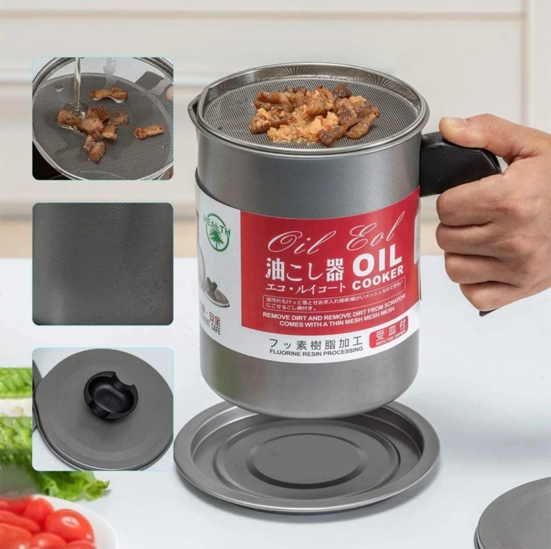 Fryer Oil Filter Pot – 1.4L Carbon Steel Oil Can with Stainless Steel Strainer & Storage Jug
