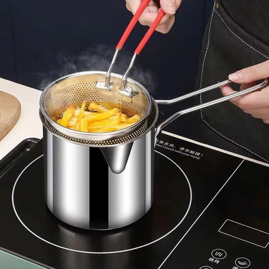 Stainless Steel Deep Fryer Pot with Strainer – 1200ml Heavy-Duty Oil Frying Pan for Home & Kitchen