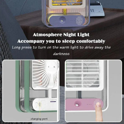 Mini USB Air Cooler Fan with Mist & LED – 3-Speed, Portable